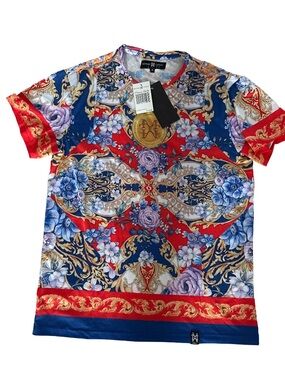 Baroque Floral Short Sleeve Tee in Red & Blue